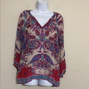 Bila Paisley Print V-Neck Top blouse women XL pull on casual beach festival boho